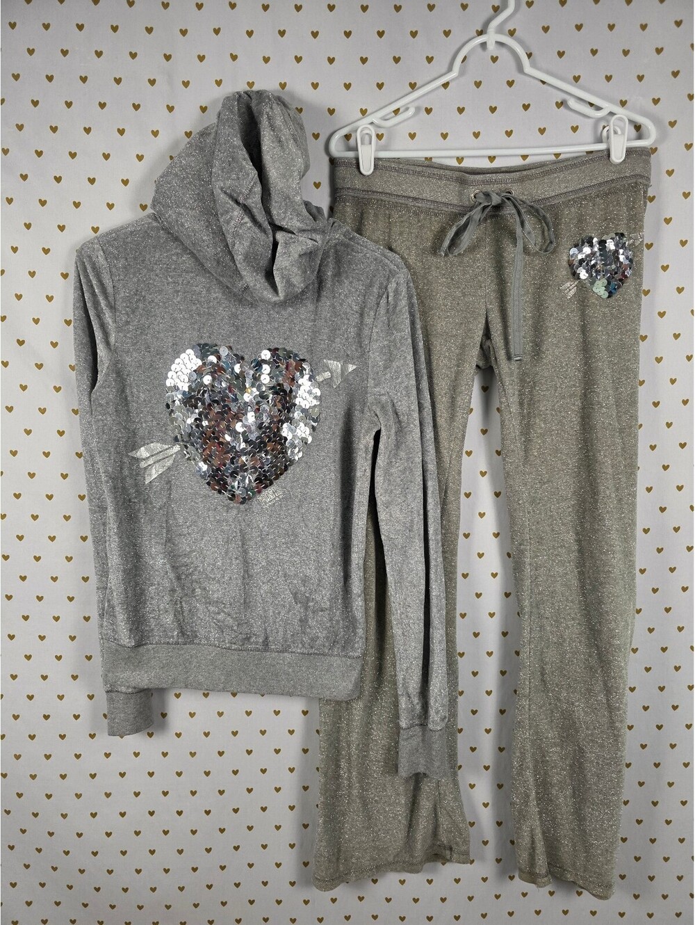 Victorias Secret Pink Vintage BLING Glitter Thread HEART SET Hoodie Sweats MED